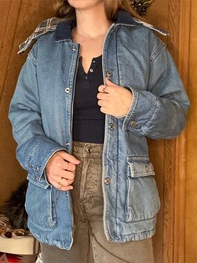 Vintage 1990s Cherokee Denim Jacket | Plaid Lined Hooded Utility Jacket
